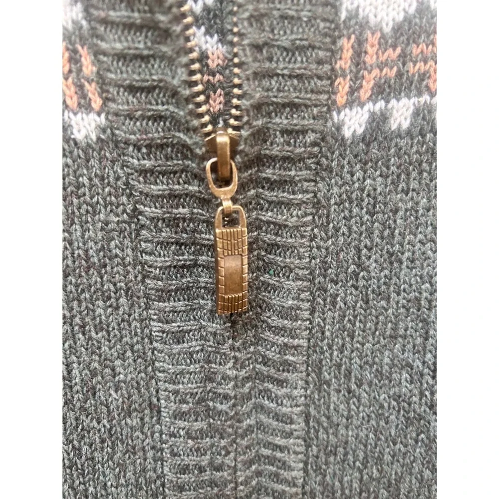 Mens Fair Isle Snowflake Zip Up Sweater Jacket Green‎ Tan White Size M Winter